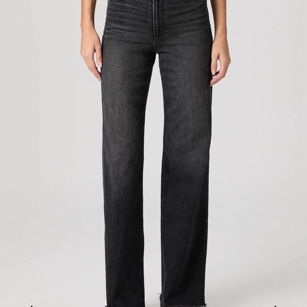 Paige Anessa Wide Leg Jeans In Viper Black Distressed, Frayed Hem. 31 In Length.